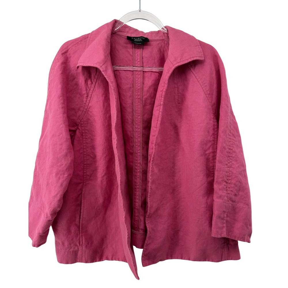Talbots Woman Petites Pink Irish Linen Open Front Jacket Fuchsia Blazer Linen
